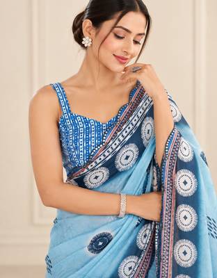 sky blue heavy silk blend printed saree with pape mirror work & mirror border 2