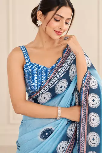 sky blue heavy silk blend printed saree with pape mirror work & mirror border