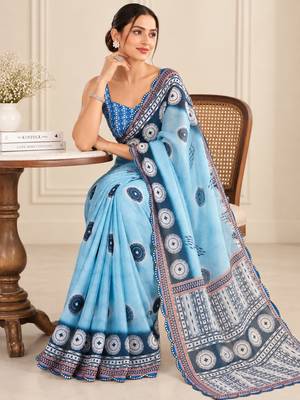 sky blue heavy silk blend printed saree with pape mirror work & mirror border 3