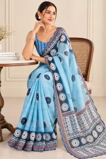 sky blue heavy silk blend printed saree with pape mirror work & mirror border