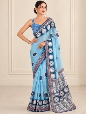 sky blue heavy silk blend printed saree with pape mirror work & mirror border 4