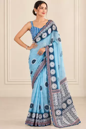 sky blue heavy silk blend printed saree with pape mirror work & mirror border