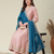 Women peach embroidered v-neck a-line kurta pant set with contrast morpich dupatta