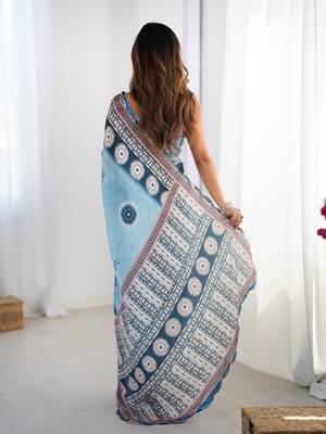 sky blue heavy silk blend printed saree with pape mirror work & mirror border 5