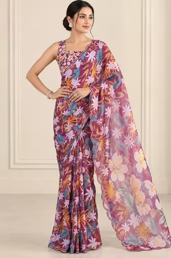wineheavy silk blend printed saree with pape mirror work & mirror border