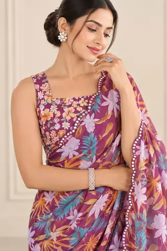 wineheavy silk blend printed saree with pape mirror work & mirror border