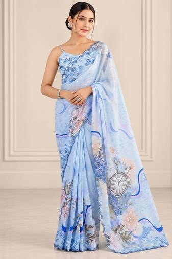 blue heavy silk blend printed saree with pape mirror work & mirror border
