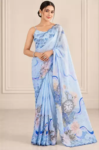 blue heavy silk blend printed saree with pape mirror work & mirror border
