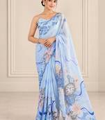 blue heavy silk blend printed saree with pape mirror work & mirror border