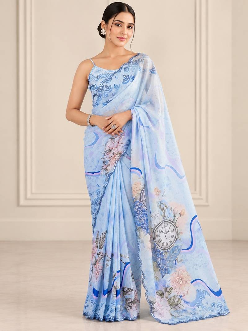 blue heavy silk blend printed saree with pape mirror work & mirror border