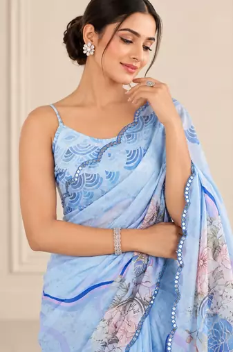 blue heavy silk blend printed saree with pape mirror work & mirror border