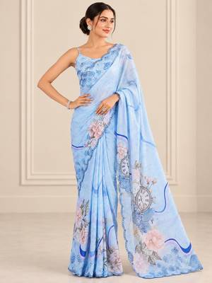 blue heavy silk blend printed saree with pape mirror work & mirror border 3