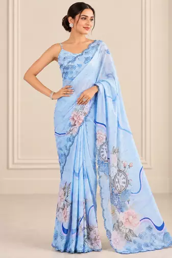 blue heavy silk blend printed saree with pape mirror work & mirror border