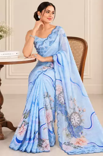 blue heavy silk blend printed saree with pape mirror work & mirror border