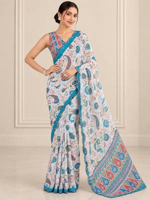 multicolor heavy silk blend printed saree with pape mirror work & mirror border 1