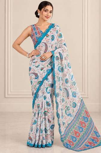 multicolor heavy silk blend printed saree with pape mirror work & mirror border