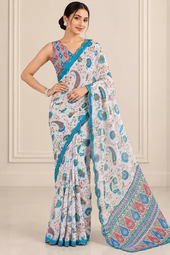 multicolor heavy silk blend printed saree with pape mirror work & mirror border