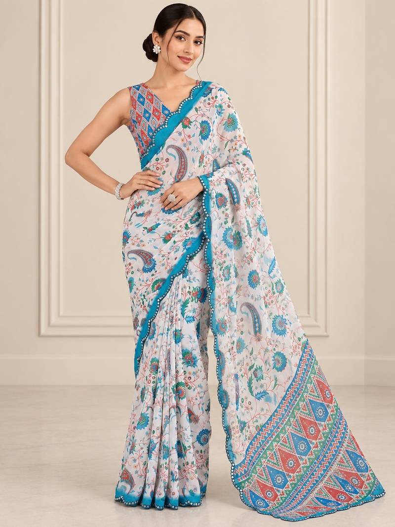 multicolor heavy silk blend printed saree with pape mirror work & mirror border