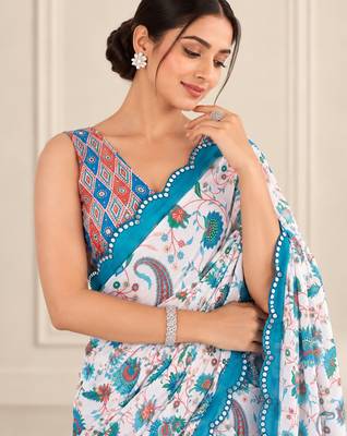 multicolor heavy silk blend printed saree with pape mirror work & mirror border 2