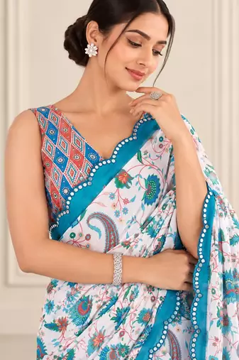 multicolor heavy silk blend printed saree with pape mirror work & mirror border