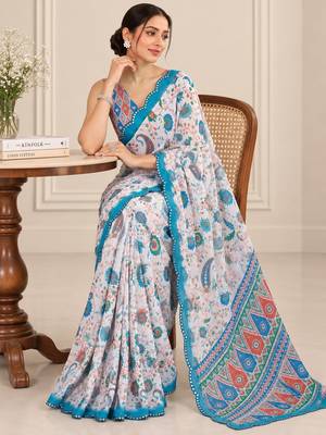 multicolor heavy silk blend printed saree with pape mirror work & mirror border 3