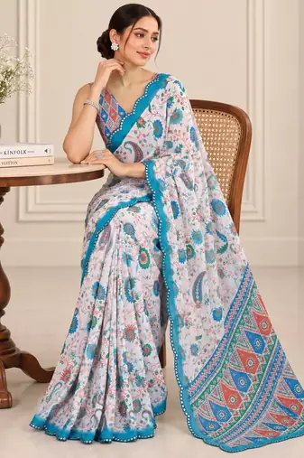 multicolor heavy silk blend printed saree with pape mirror work & mirror border