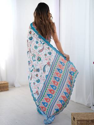 multicolor heavy silk blend printed saree with pape mirror work & mirror border 4