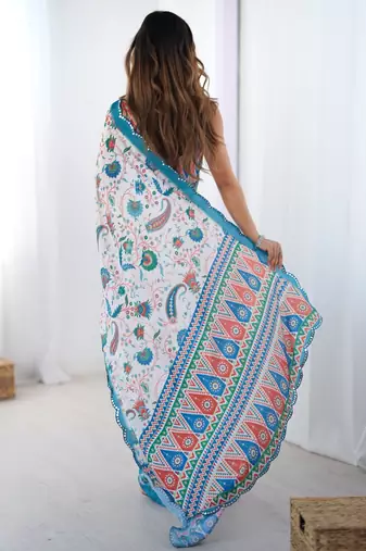 multicolor heavy silk blend printed saree with pape mirror work & mirror border