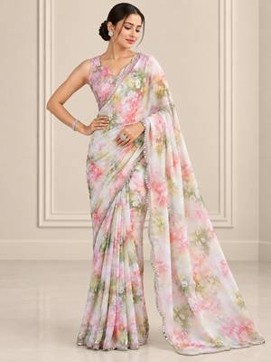 multicolor heavy silk blend printed saree with pape mirror work & mirror border 1