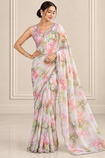 multicolor heavy silk blend printed saree with pape mirror work & mirror border