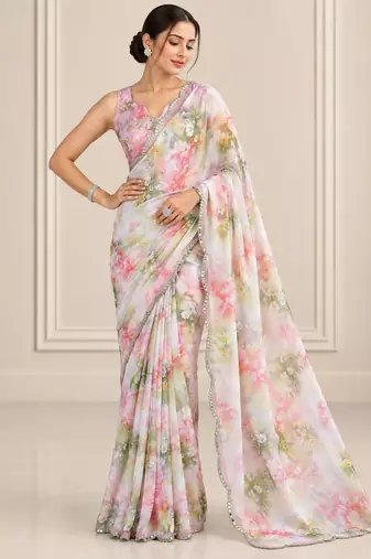 multicolor heavy silk blend printed saree with pape mirror work & mirror border