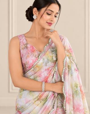 multicolor heavy silk blend printed saree with pape mirror work & mirror border 2