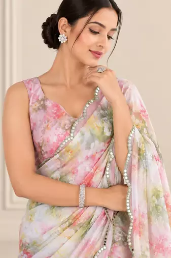 multicolor heavy silk blend printed saree with pape mirror work & mirror border
