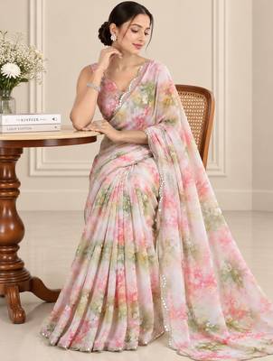 multicolor heavy silk blend printed saree with pape mirror work & mirror border 3