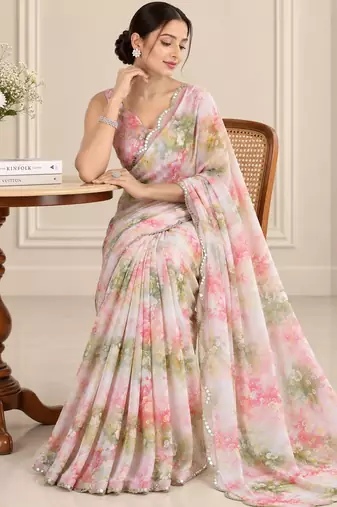 multicolor heavy silk blend printed saree with pape mirror work & mirror border