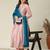 Women peach embroidered v-neck a-line kurta pant set with contrast morpich dupatta
