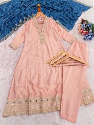 Women peach embroidered v-neck a-line kurta pant set with contrast morpich dupatta 4