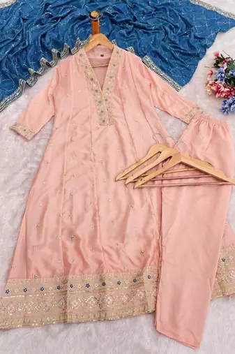 Women peach embroidered v-neck a-line kurta pant set with contrast morpich dupatta