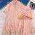 Women peach embroidered v-neck a-line kurta pant set with contrast morpich dupatta