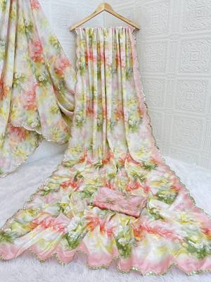 multicolor heavy silk blend printed saree with pape mirror work & mirror border 5
