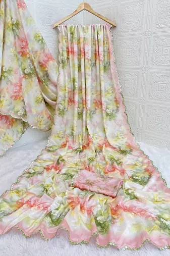 multicolor heavy silk blend printed saree with pape mirror work & mirror border