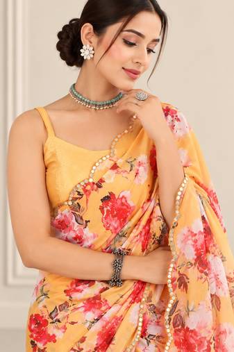 mustard heavy silk blend printed saree with pape mirror work & mirror border