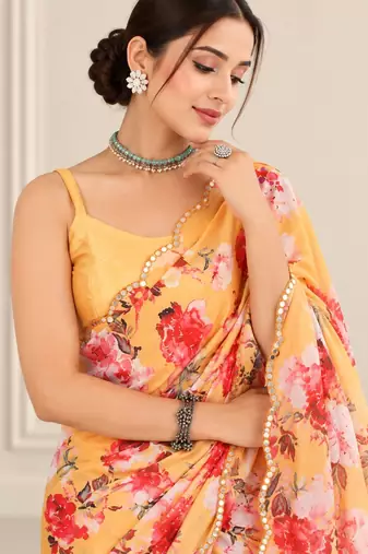 mustard heavy silk blend printed saree with pape mirror work & mirror border