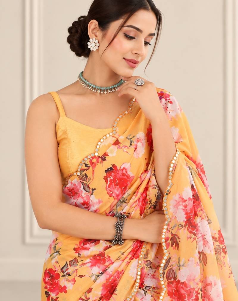 mustard heavy silk blend printed saree with pape mirror work & mirror border
