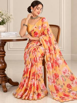 mustard heavy silk blend printed saree with pape mirror work & mirror border 2
