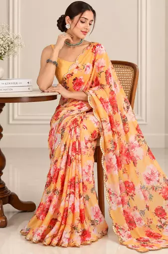 mustard heavy silk blend printed saree with pape mirror work & mirror border