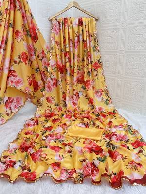 mustard heavy silk blend printed saree with pape mirror work & mirror border 4