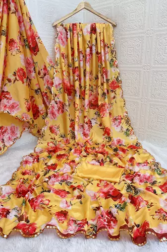 mustard heavy silk blend printed saree with pape mirror work & mirror border