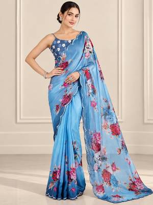 blue heavy silk blend printed saree with pape mirror work & mirror border 1