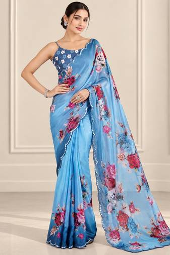 blue heavy silk blend printed saree with pape mirror work & mirror border